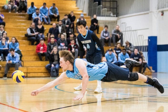 OAKVILLE, ON – NOV. 18, 2017: Liam Butchereit of the Sheridan Bruins dives for the ball during a game against the Humber Hawks. OAKVILLE, ON – NOV. 18, 2017: Liam Butchereit of the Sheridan Bruins dives for the ball during a game against the Humber Hawks.